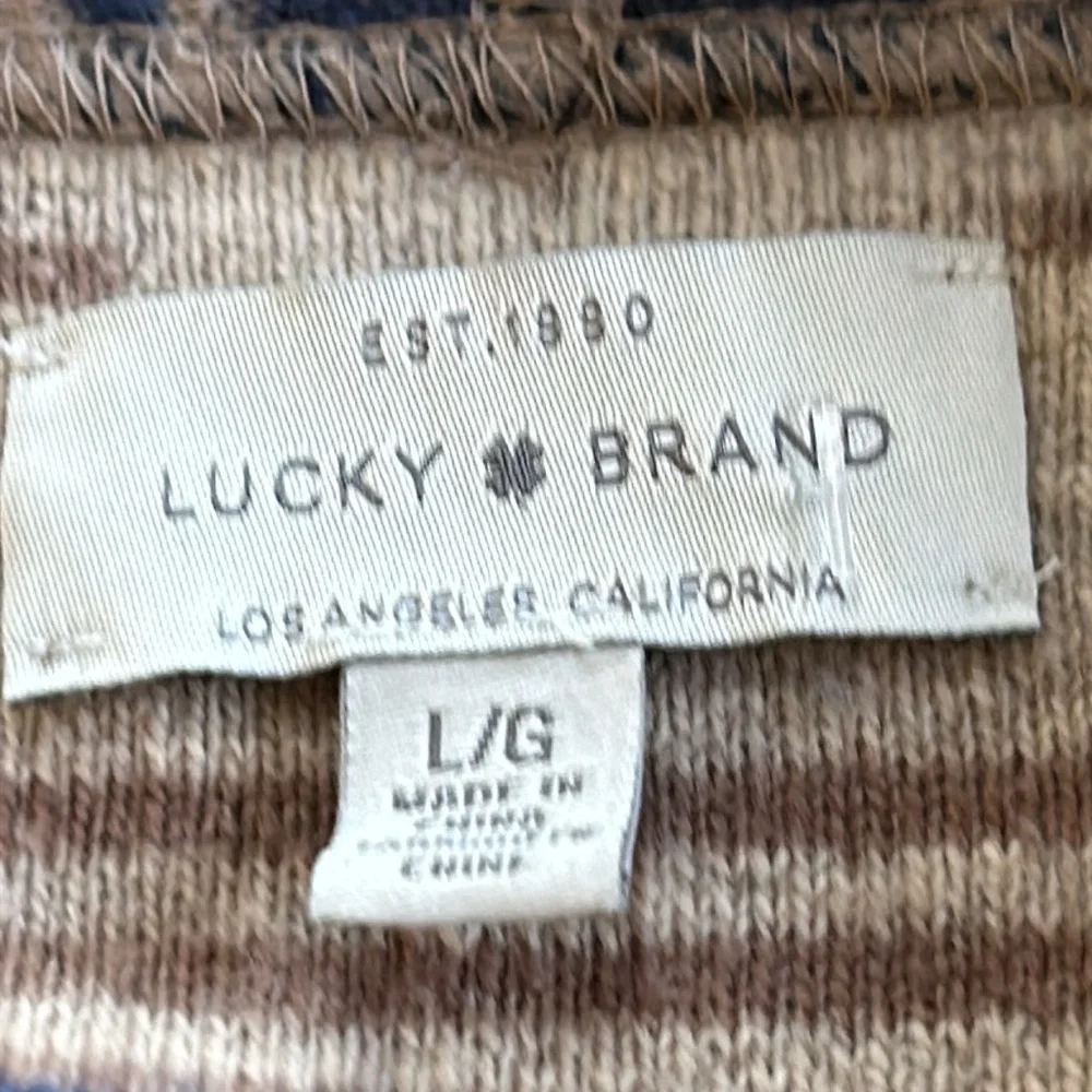 Lucky Brand open front Aztec blue, tan fringed cardigan.  Size Large.